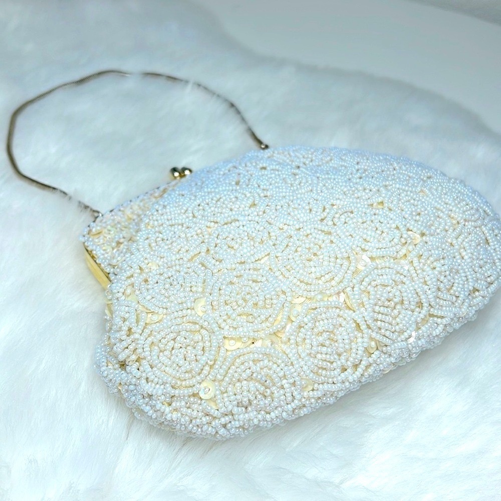 Mid Century Vintage Beaded Sequin Kisslock Evening Handbag Snake Chain Purse - Picture 5 of 16